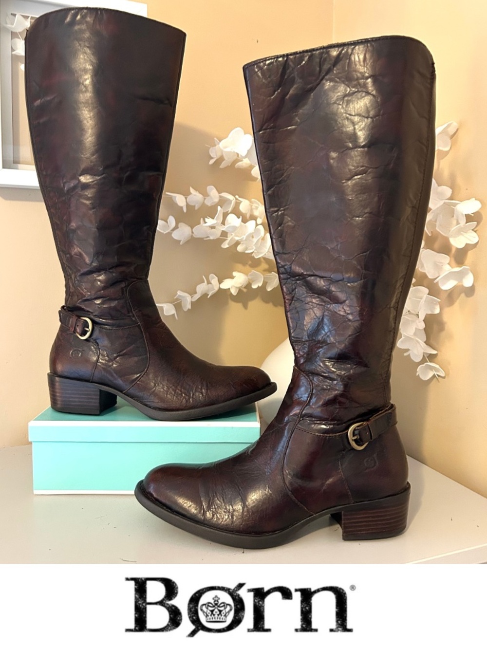 Born Crinkled Brown Leather Tall Riding Boot Buckle Detail Size 6.5 Wide Calf